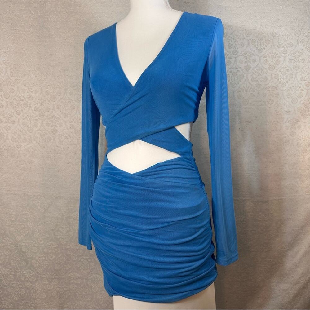 Tiger Mist Jossi Blue Mini Dress Size Small Cut-Out Sheer Long Sleeve Going Out - Picture 8 of 14